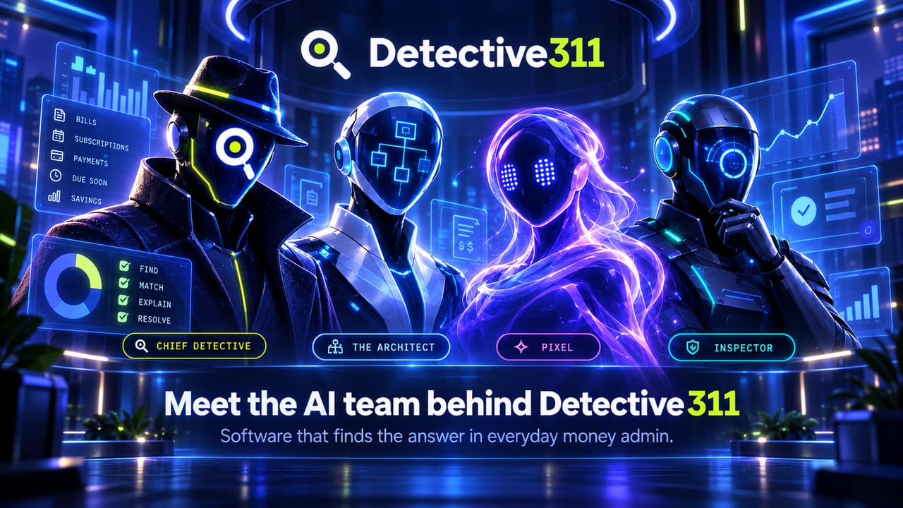 Detective311's four AI agents stand side by side in a midnight-blue control room with glowing dashboard panels: Chief Detective in a fedora with a lime-ringed magnifier visor, The Architect with a flowchart on a dark visor, Pixel with flowing violet hair and LED-dot eyes, and Inspector with a teal ring eye and a hand to the chin. Each has a name badge. Above them is the Detective311 logo; below, the headline 'Meet the AI team behind Detective311' and the line 'Software that finds the answer in everyday money admin.'